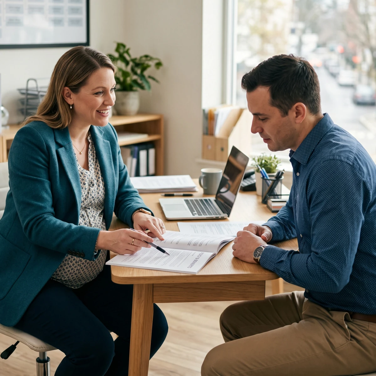 Pregnant woman reviewing paperwork with employee