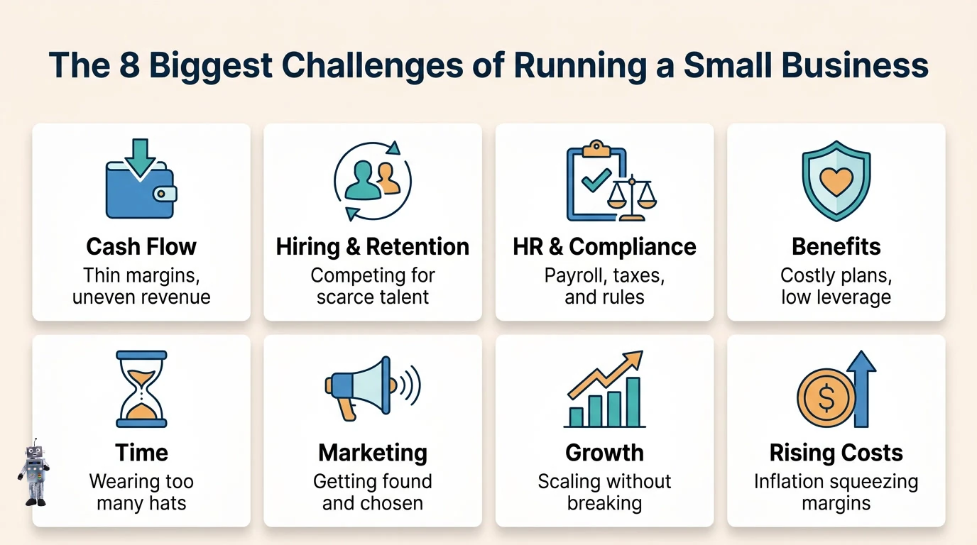 Infographic showing the biggest challenges of running a small business: cash flow, hiring and retention, HR and compliance, benefits, time, marketing, and growth