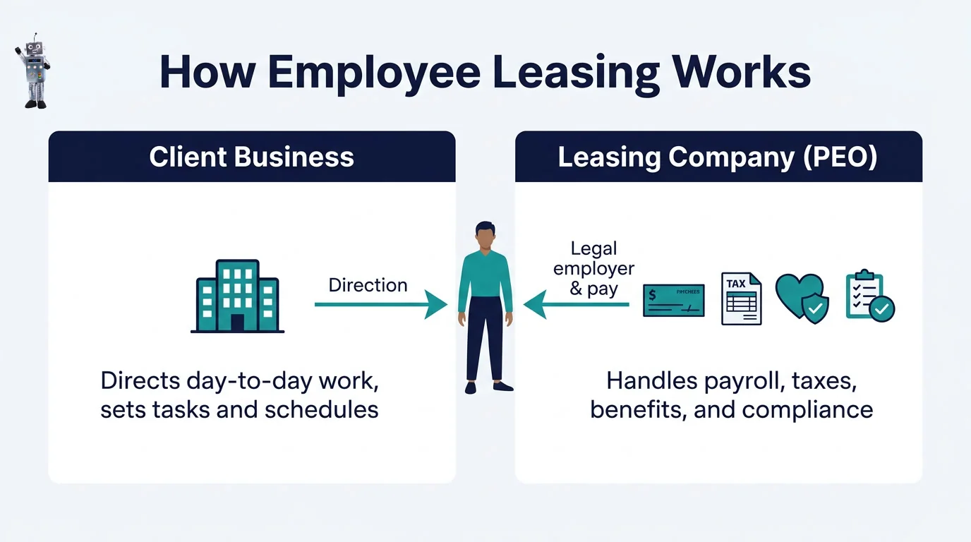 Infographic showing how employee leasing works: the client business directs the work while the leasing company handles payroll, taxes, benefits, and compliance