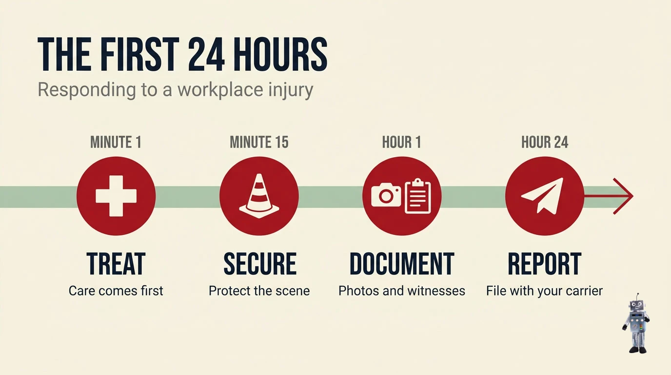 Infographic timeline of the first 24 hours after a workplace injury: treat, secure, document, report
