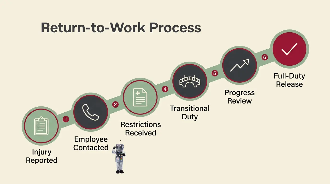 Infographic illustrating the end-to-end return-to-work process, from injury report through transitional duty to full-duty release