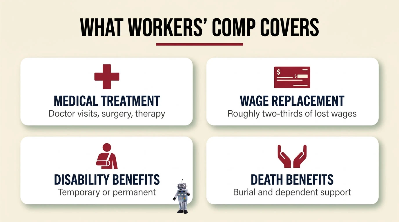 Infographic showing the four core workers' compensation benefits: medical treatment, wage replacement, disability benefits, and death benefits