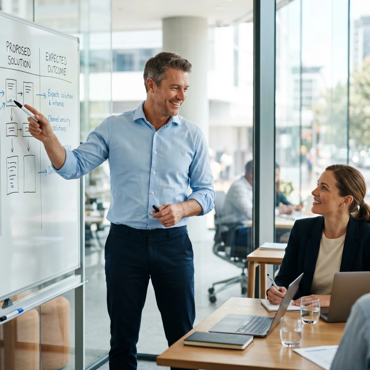 A professional comparing employee leasing, PEOs, and staffing agencies on a whiteboard