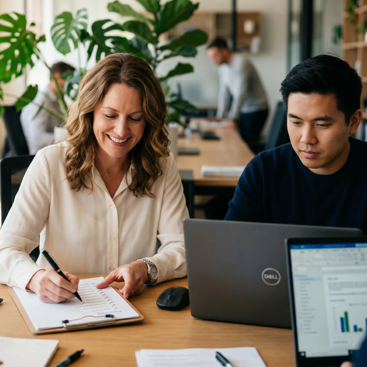 HR manager mapping out steps with business owner for employee leasing arrangement