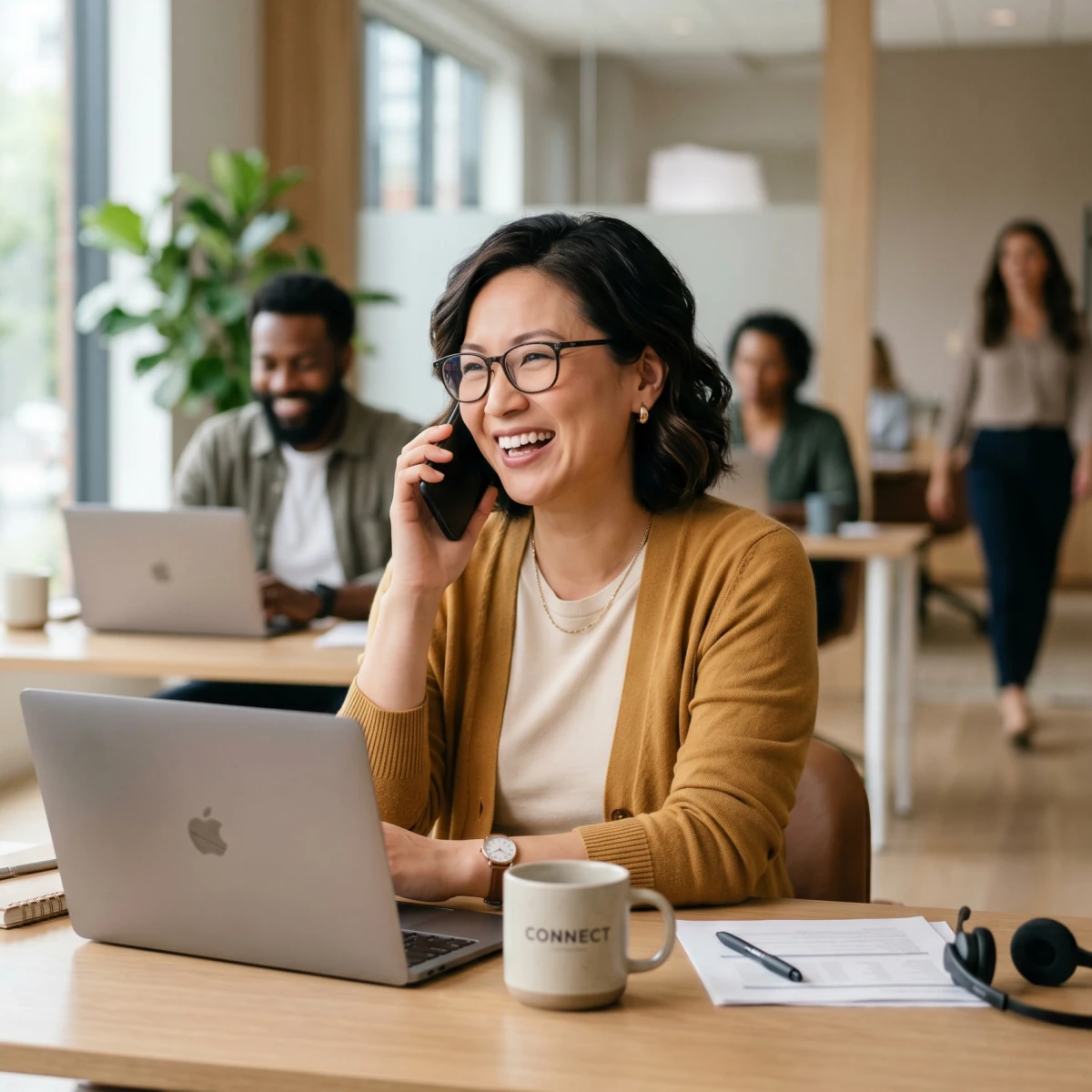An advisor on the phone answering common questions about PEOs from a laptop