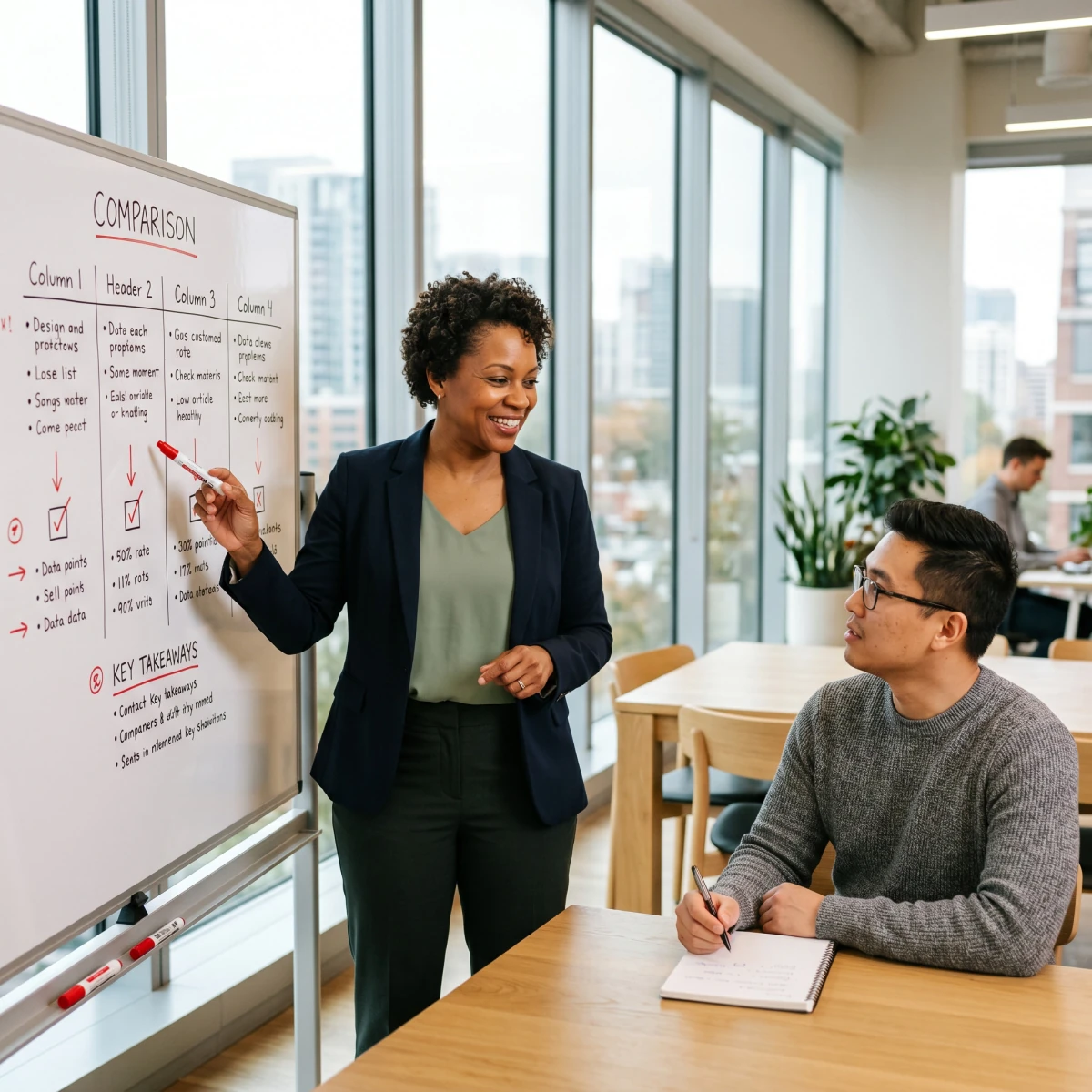 An advisor at a whiteboard explaining HR, benefits, and compliance support