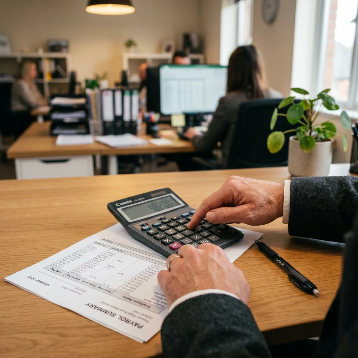 Hands clicking on a calculator and payroll summary representing PEO pricing models