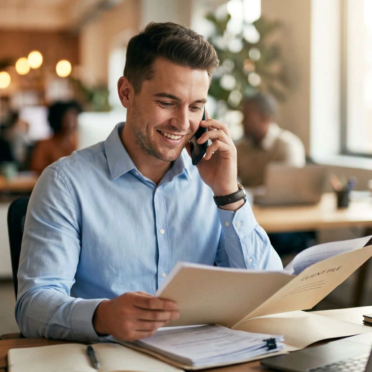 An HR representative taking a call to answer questions about PEO services