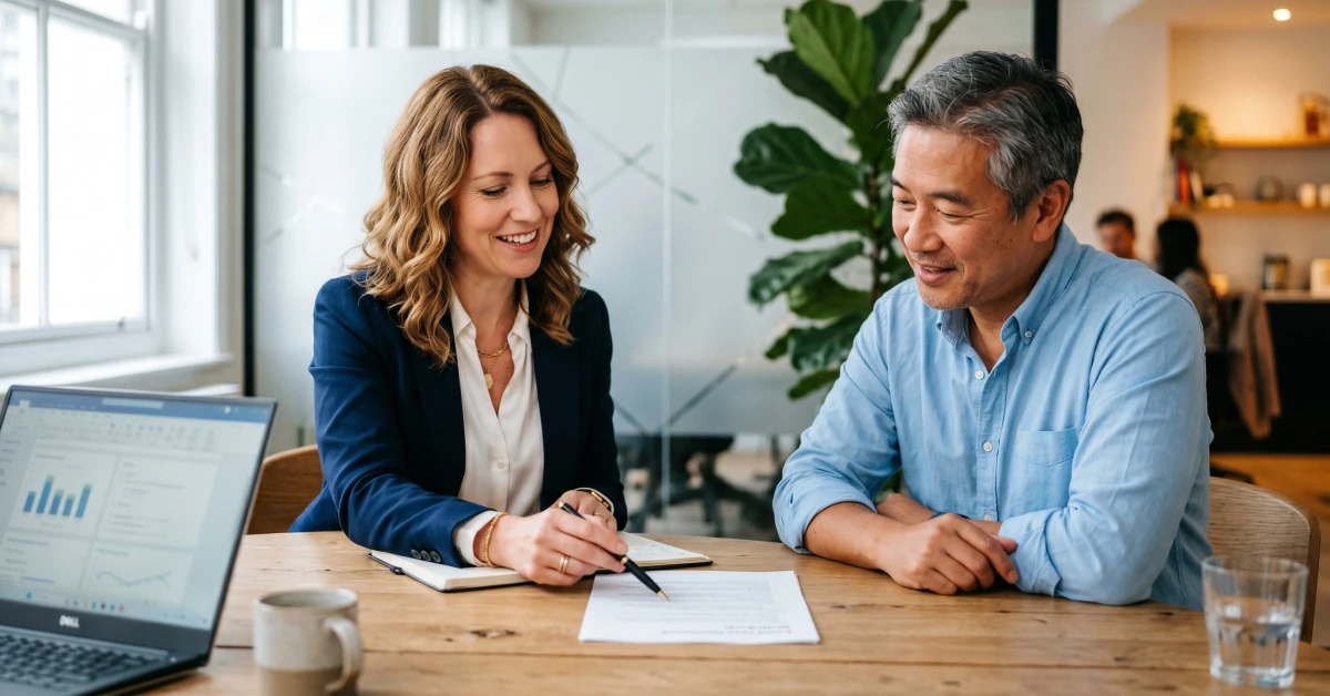 Wide shot of an HR specialist reviewing PEO services with a small-business owner