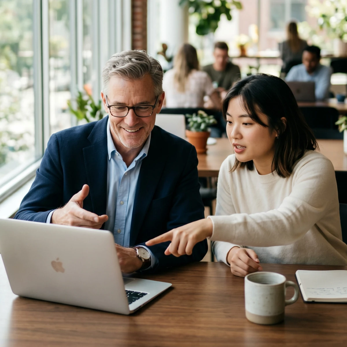 An advisor explaining common small-business challenge topics to an owner from a laptop.