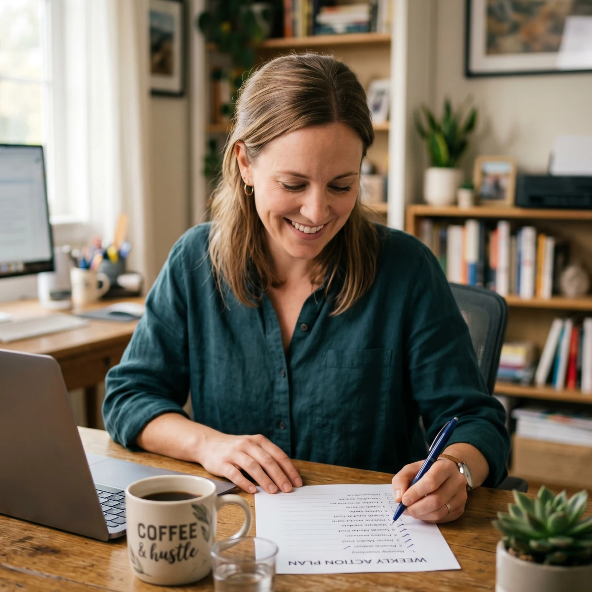 A small-business owner sitting at a desk checking off a step-by-step plan to overcome business challenges