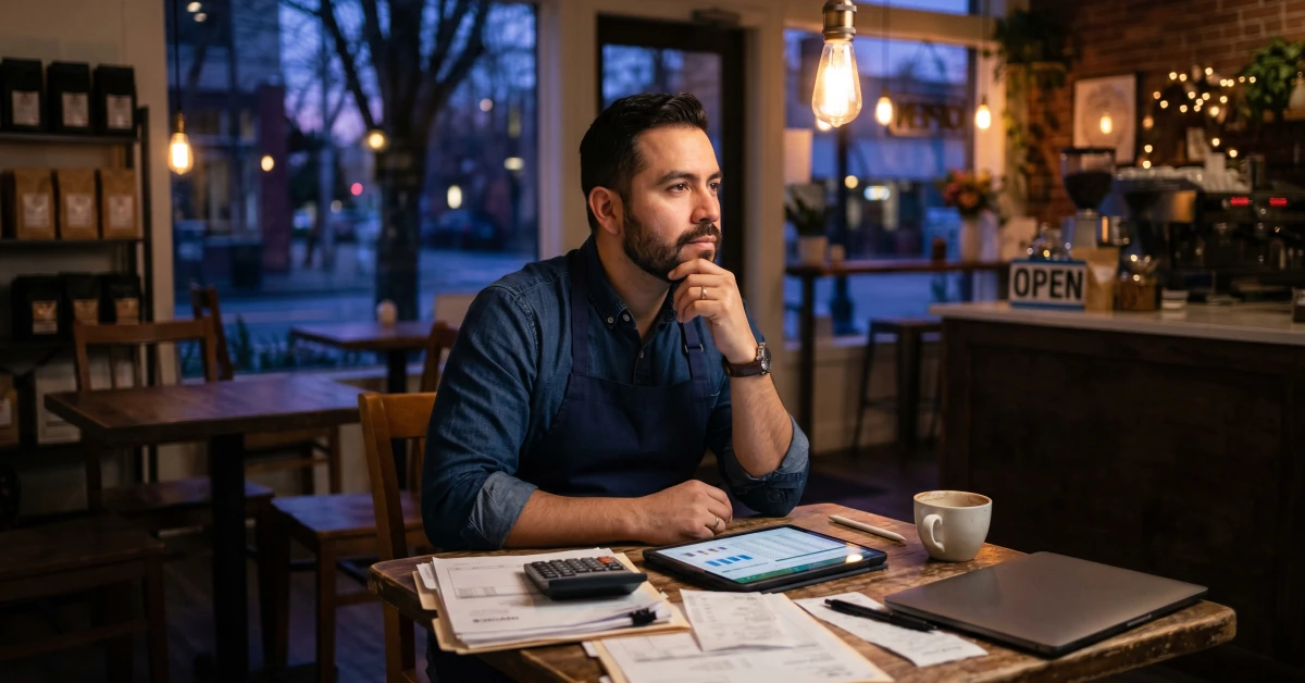 Wide shot of a small-business owner reviewing finances and HR paperwork at a table of their shop