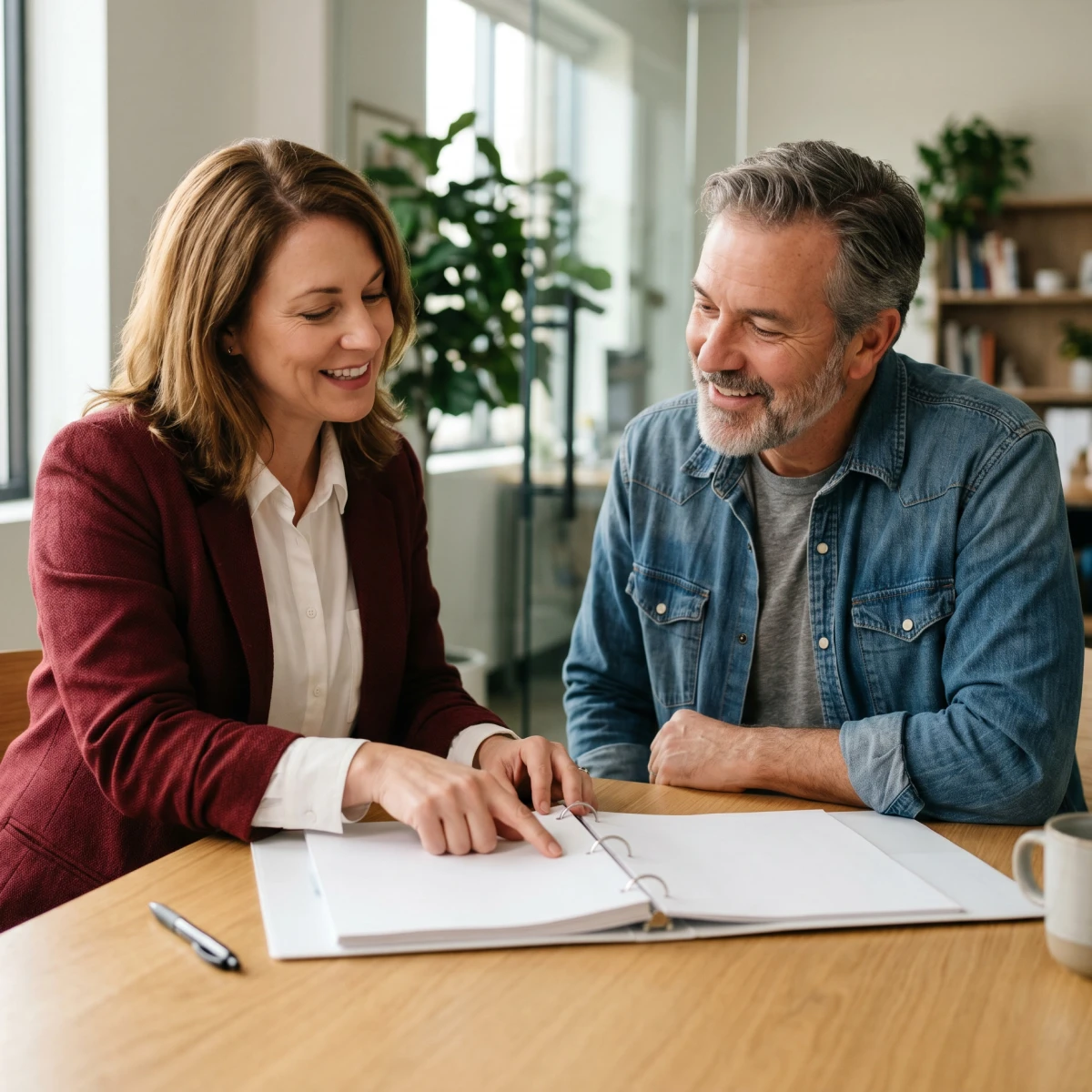 An HR advisor reviewing a workers' compensation policy with a small business owner, representing how a PEO handles workers' comp
