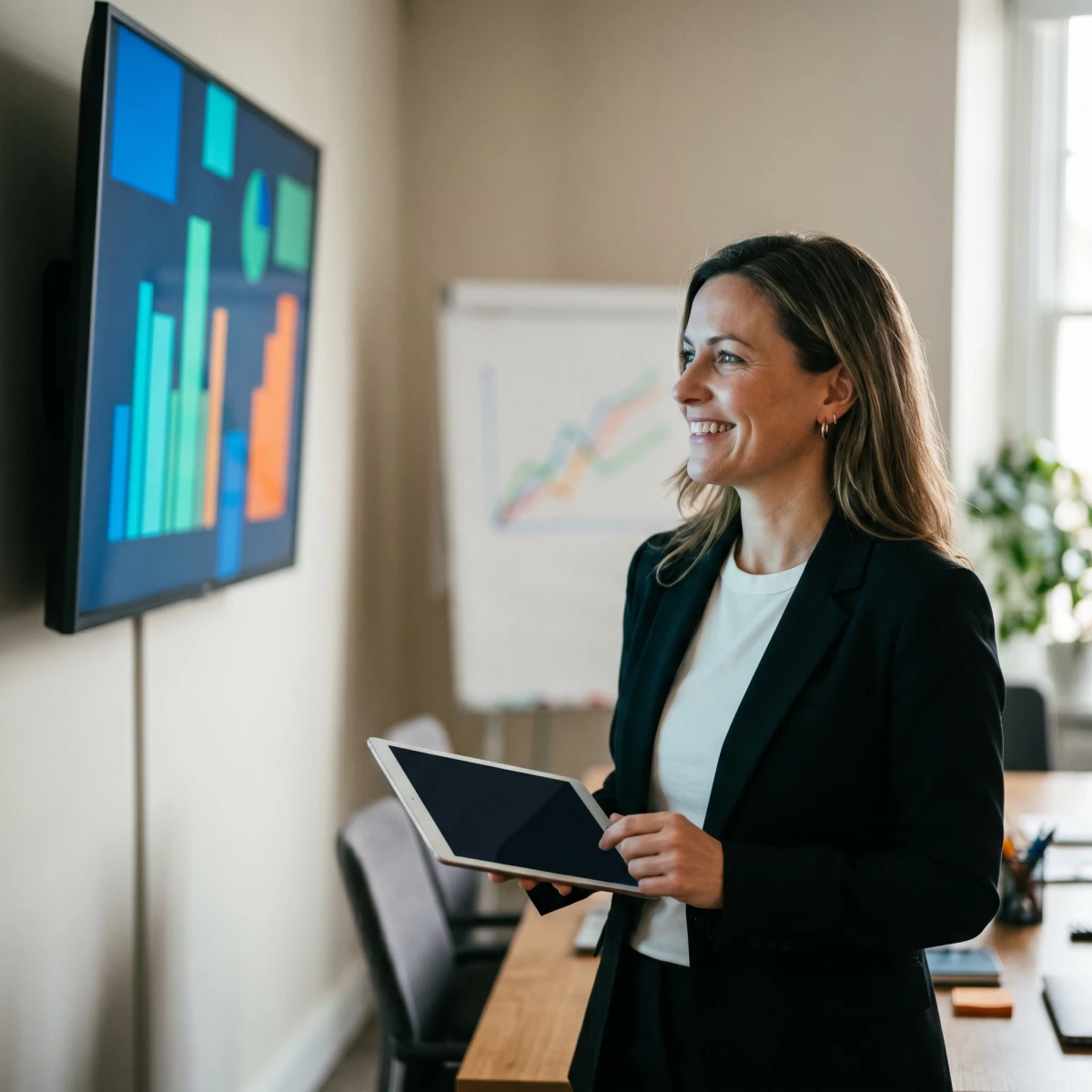 A manager reviewing workers' compensation KPIs on a monitor in a meeting room